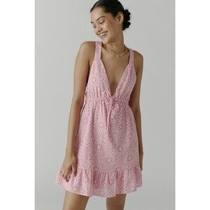 Urban Outfitters Hansel Printed Strappy-Back Mini Dress in Pink Heart Print